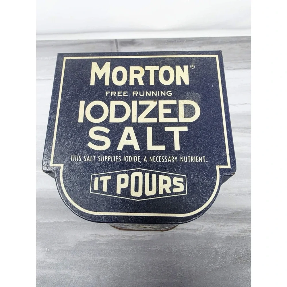 2 Vintage MORTON SALT When It Rains It Pours Metal Tin Canister Can Bristol Ware